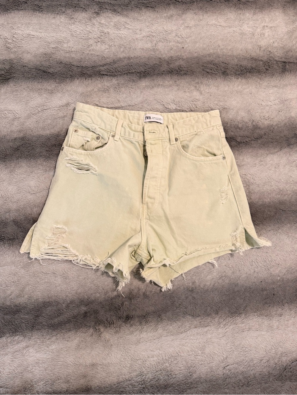 Zara Light Mint Distressed Denim Shorts
